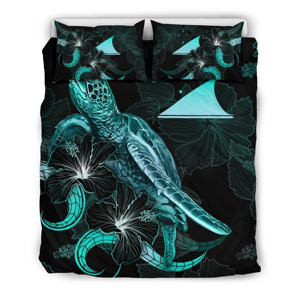 Tokelau Polynesian Bedding Set - Turtle With Blooming Hibiscus Turquoise - Vibe Hoodie Shop