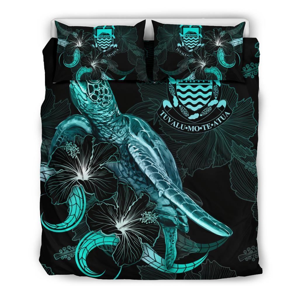 Tuvalu Polynesian Bedding Set - Turtle With Blooming Hibiscus Turquoise - Vibe Hoodie Shop