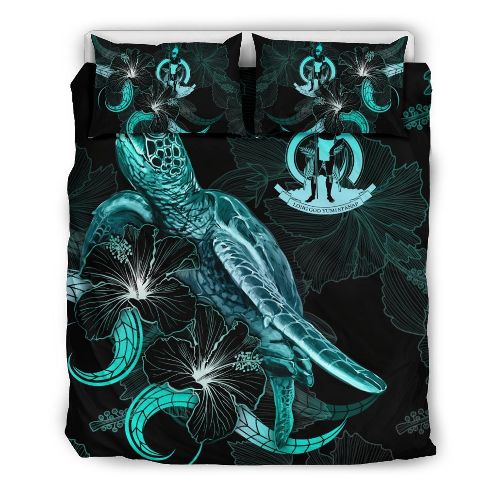 Vanuatu Polynesian Bedding Set - Turtle With Blooming Hibiscus Turquoise - Vibe Hoodie Shop