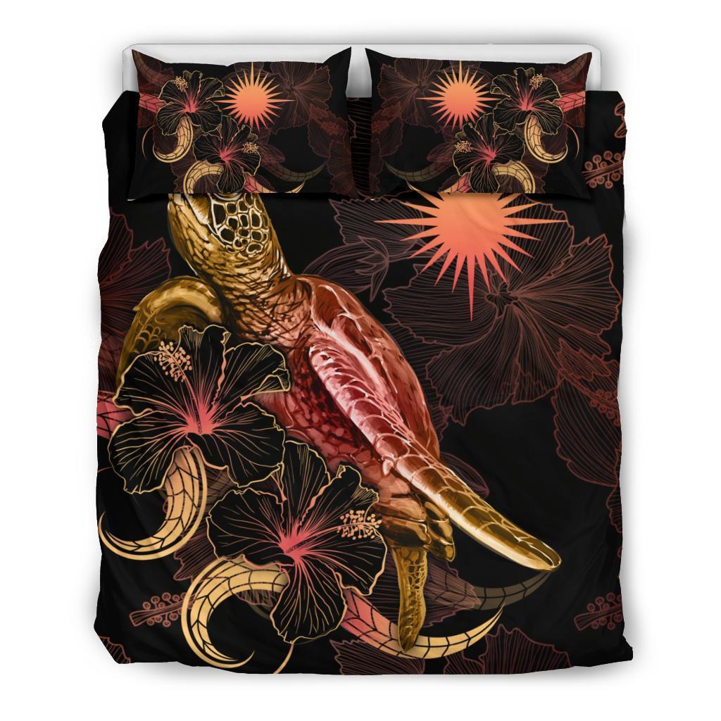 Nauru Polynesian Bedding Set - Turtle With Blooming Hibiscus Gold - Vibe Hoodie Shop