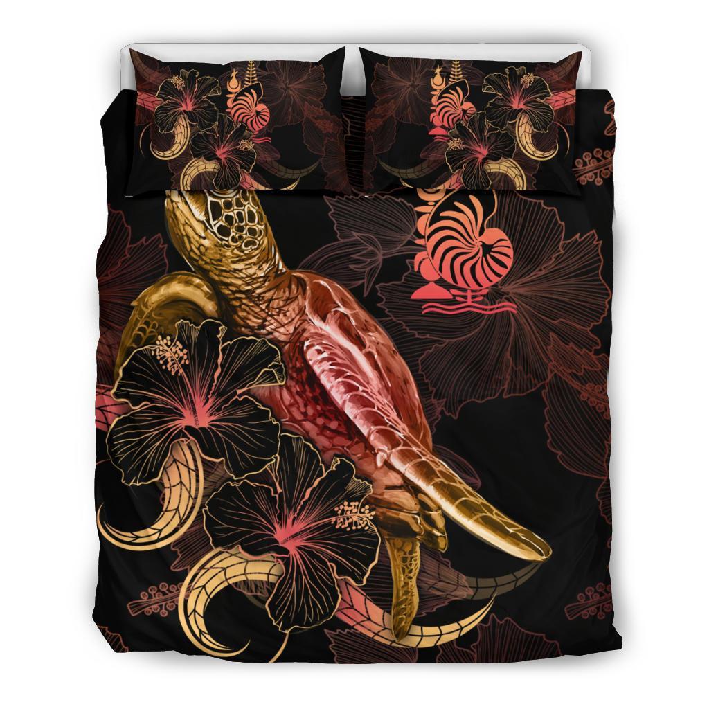 New Caledonia Polynesian Bedding Set - Turtle With Blooming Hibiscus Gold - Vibe Hoodie Shop