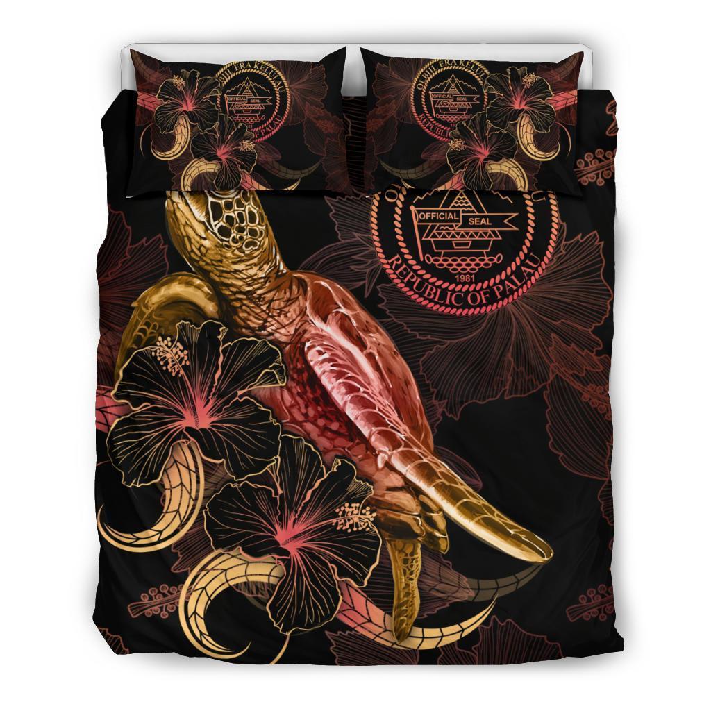 Palau Polynesian Bedding Set - Turtle With Blooming Hibiscus Gold - Vibe Hoodie Shop