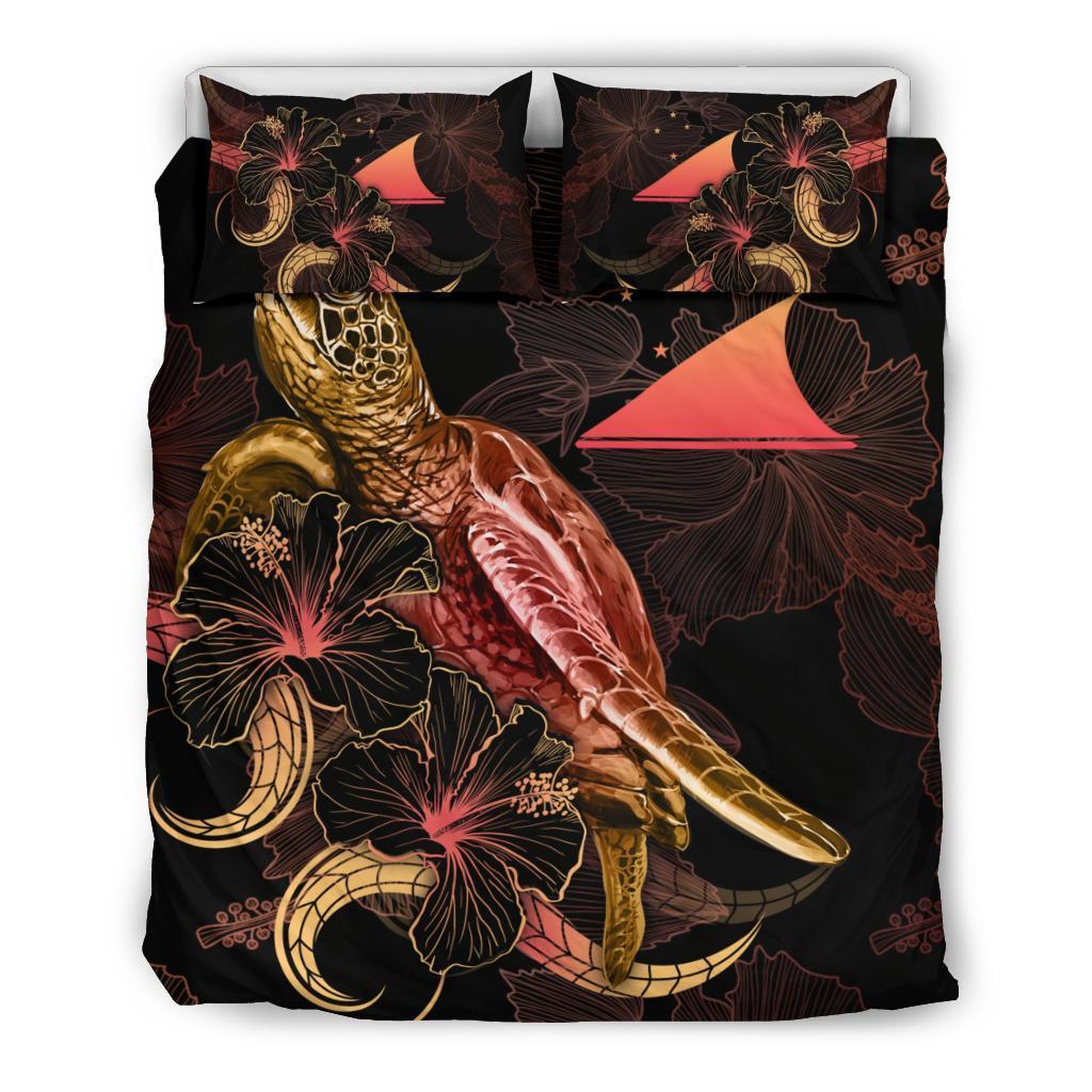 Tokelau Polynesian Bedding Set - Turtle With Blooming Hibiscus Gold - Vibe Hoodie Shop