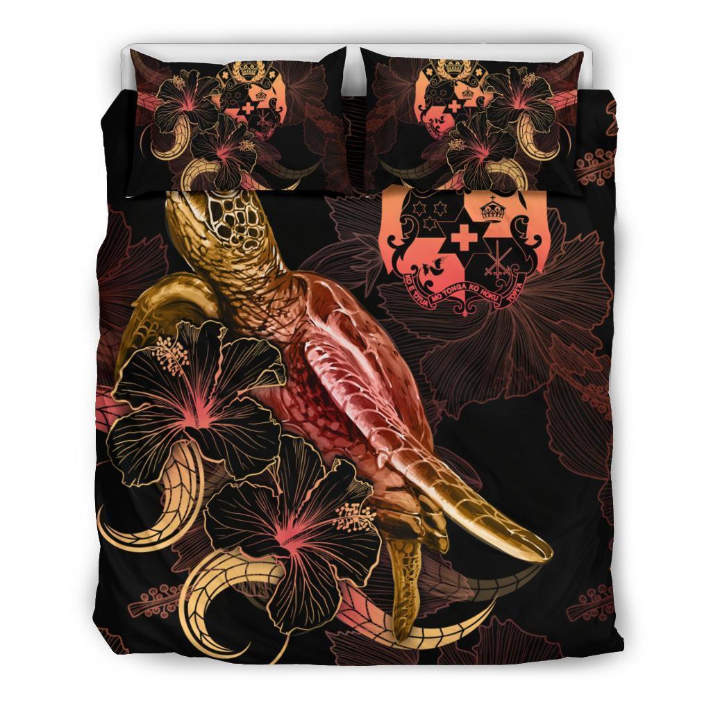 Tuvalu Polynesian Bedding Set - Turtle With Blooming Hibiscus Gold - Vibe Hoodie Shop