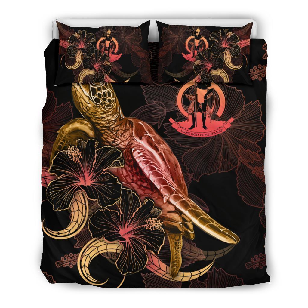Vanuatu Polynesian Bedding Set - Turtle With Blooming Hibiscus Gold - Vibe Hoodie Shop
