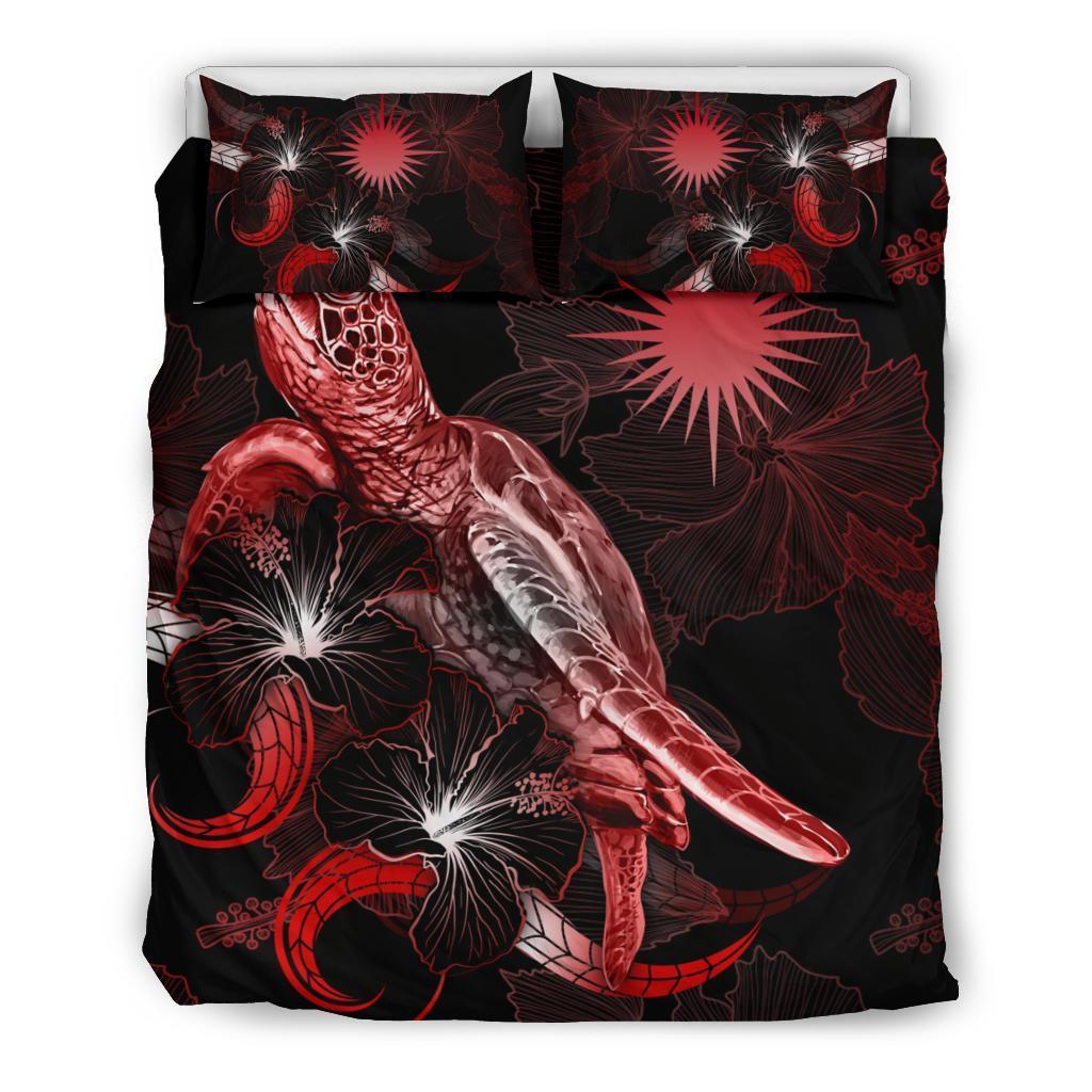 Marshall Islands Polynesian Bedding Set - Turtle With Blooming Hibiscus Red - Vibe Hoodie Shop
