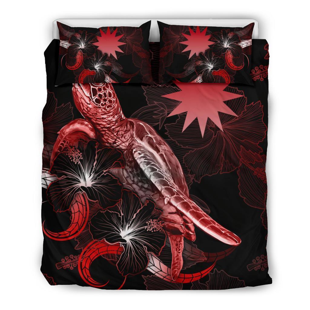 Nauru Polynesian Bedding Set - Turtle With Blooming Hibiscus Red - Vibe Hoodie Shop