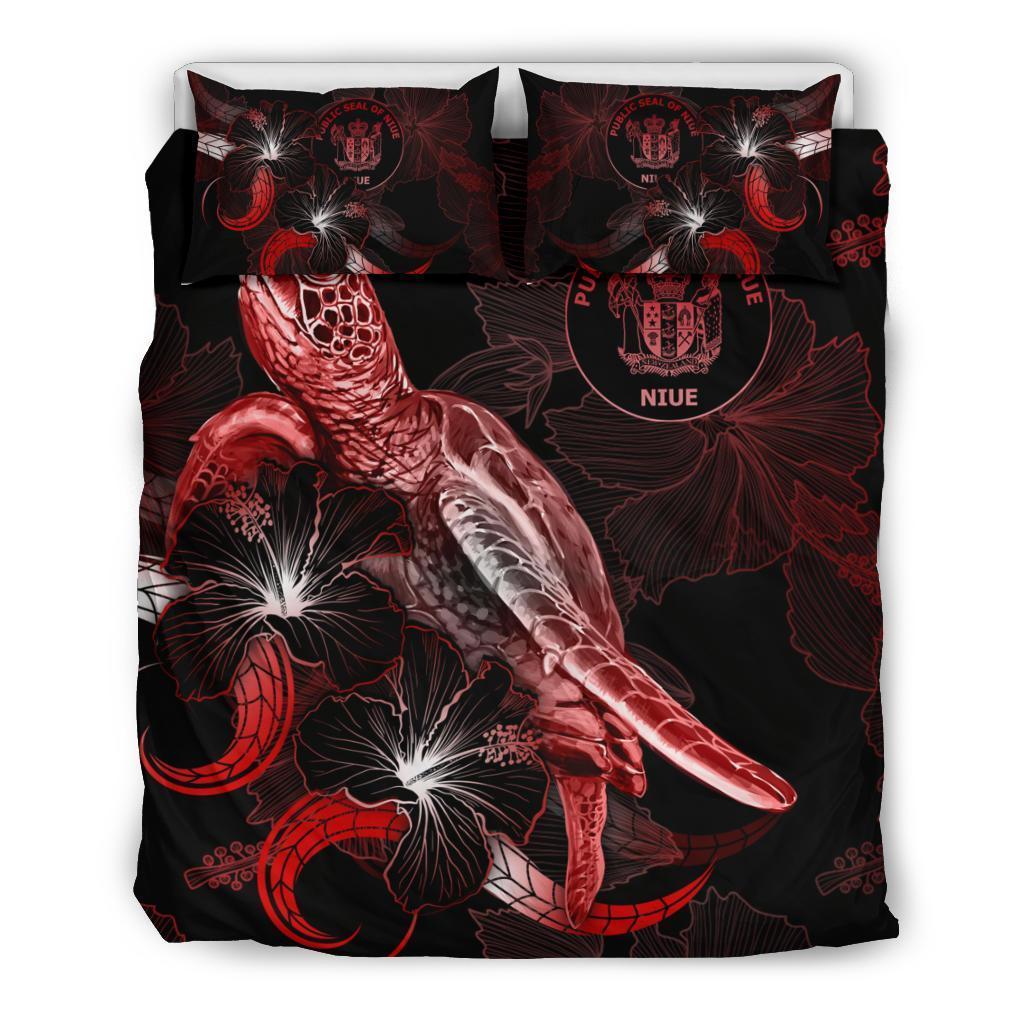 Niue Polynesian Bedding Set - Turtle With Blooming Hibiscus Red - Vibe Hoodie Shop