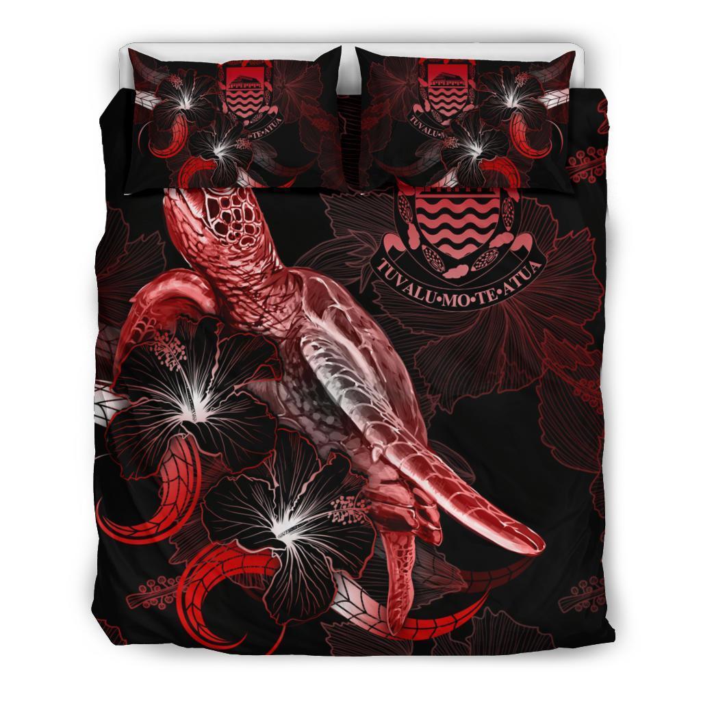 Tuvalu Polynesian Bedding Set - Turtle With Blooming Hibiscus Red - Vibe Hoodie Shop