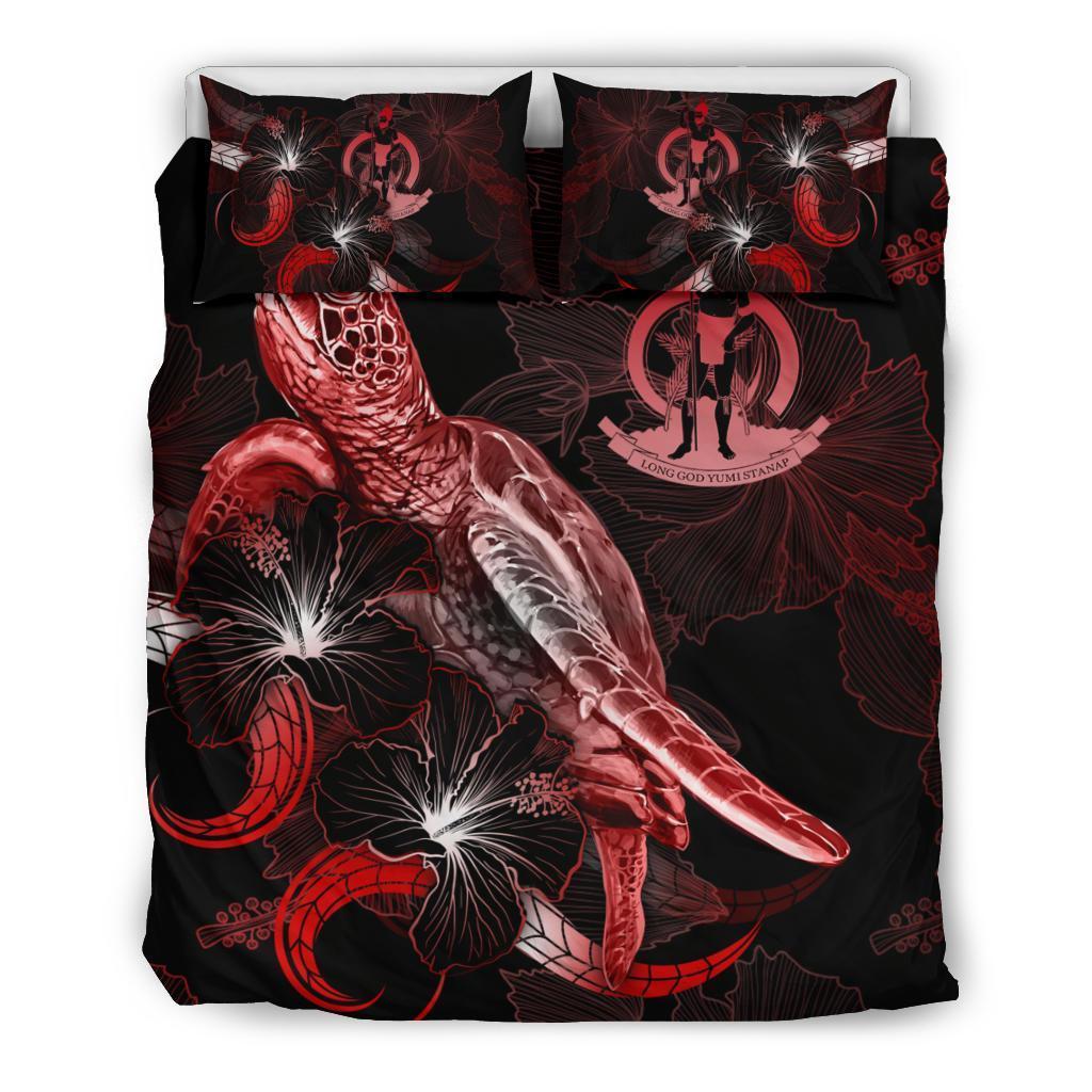 Vanuatu Polynesian Bedding Set - Turtle With Blooming Hibiscus Red - Vibe Hoodie Shop