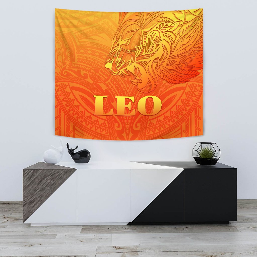 Sun In Leo Zodiac Tapestry Polynesian Tattoo Simple - Orange - Vibe Hoodie Shop