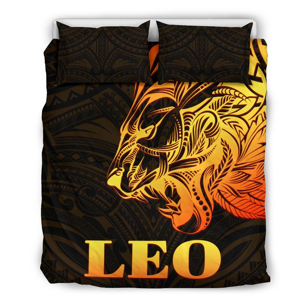 Sun In Leo Zodiac Bedding Set Polynesian Tattoo Simple - Orange Black - Vibe Hoodie Shop