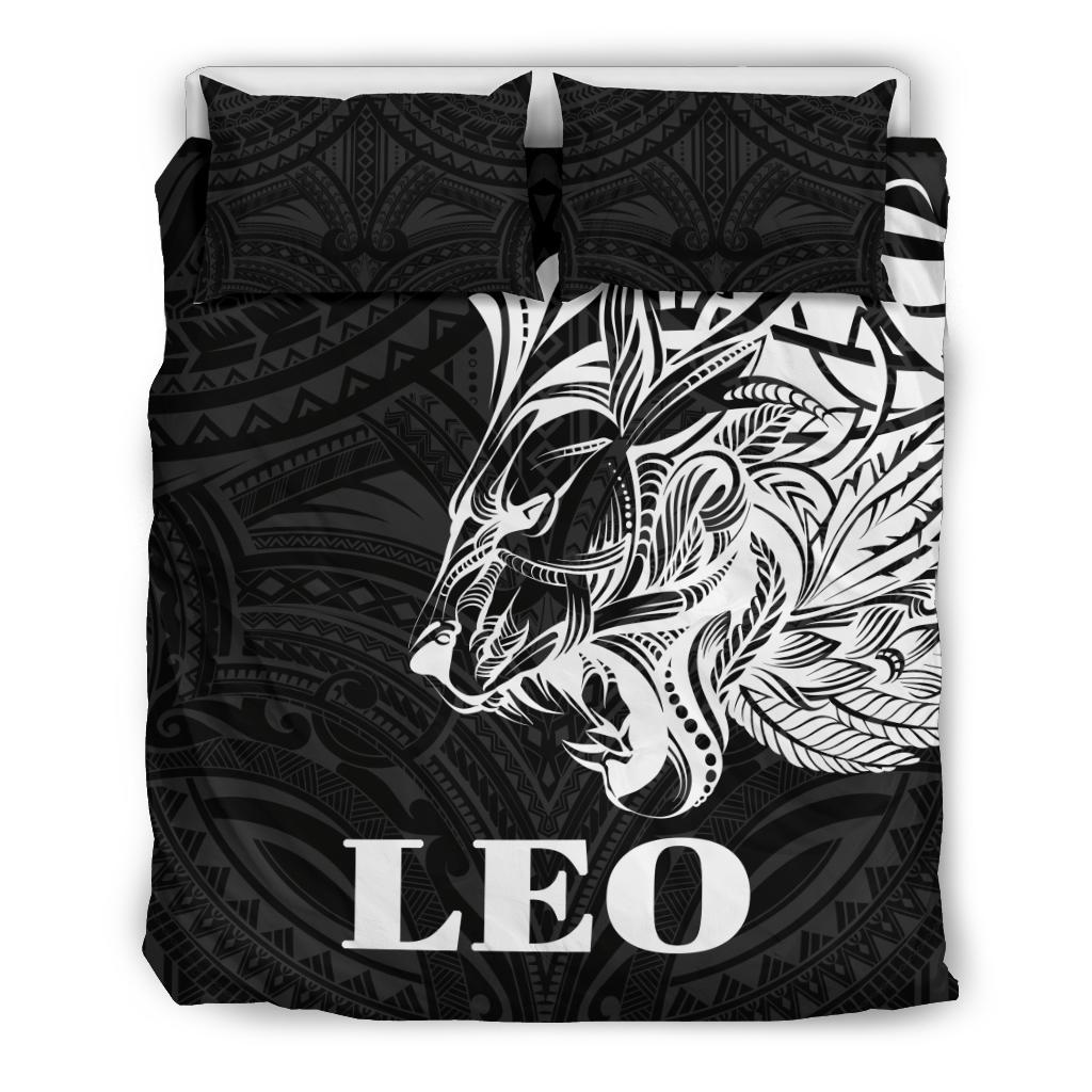 Sun In Leo Zodiac Bedding Set Polynesian Tattoo Simple - White - Vibe Hoodie Shop