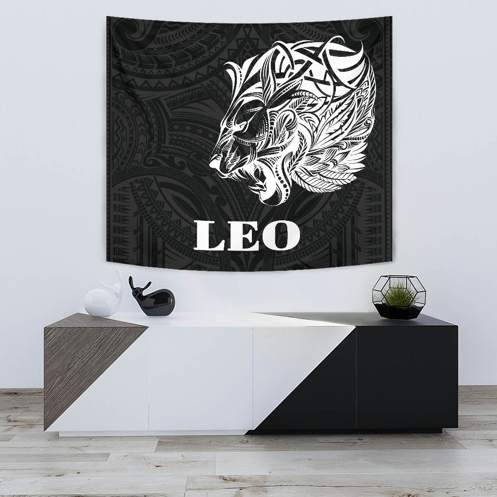 Sun In Leo Zodiac Tapestry Polynesian Tattoo Simple - White - Vibe Hoodie Shop