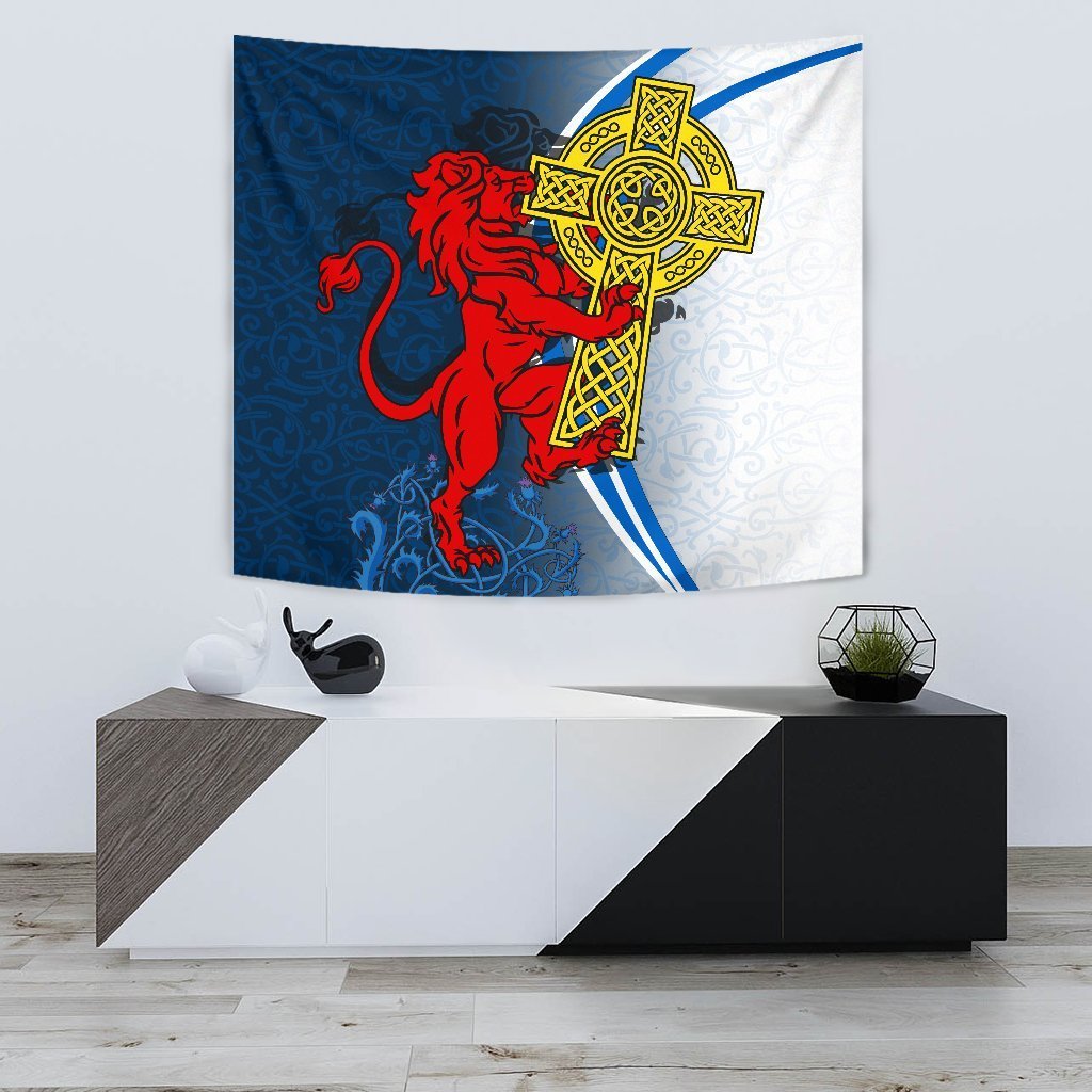 Scotland Tapestry - Scottish Lion With Celtic Cross - Vibe Hoodie Shop