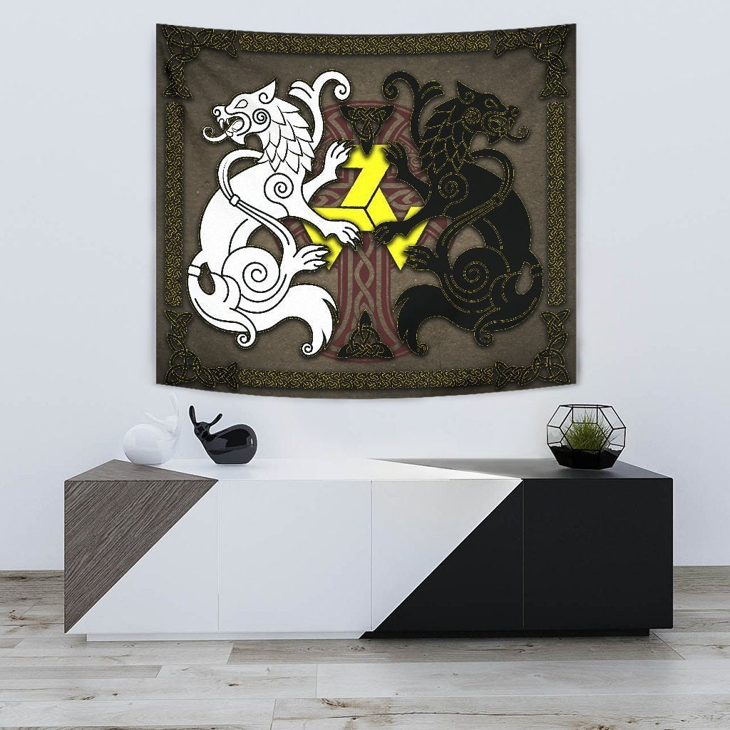 Celtic Tapestry - Wolfs With Celtic Cross And Triskelion - Vibe Hoodie Shop