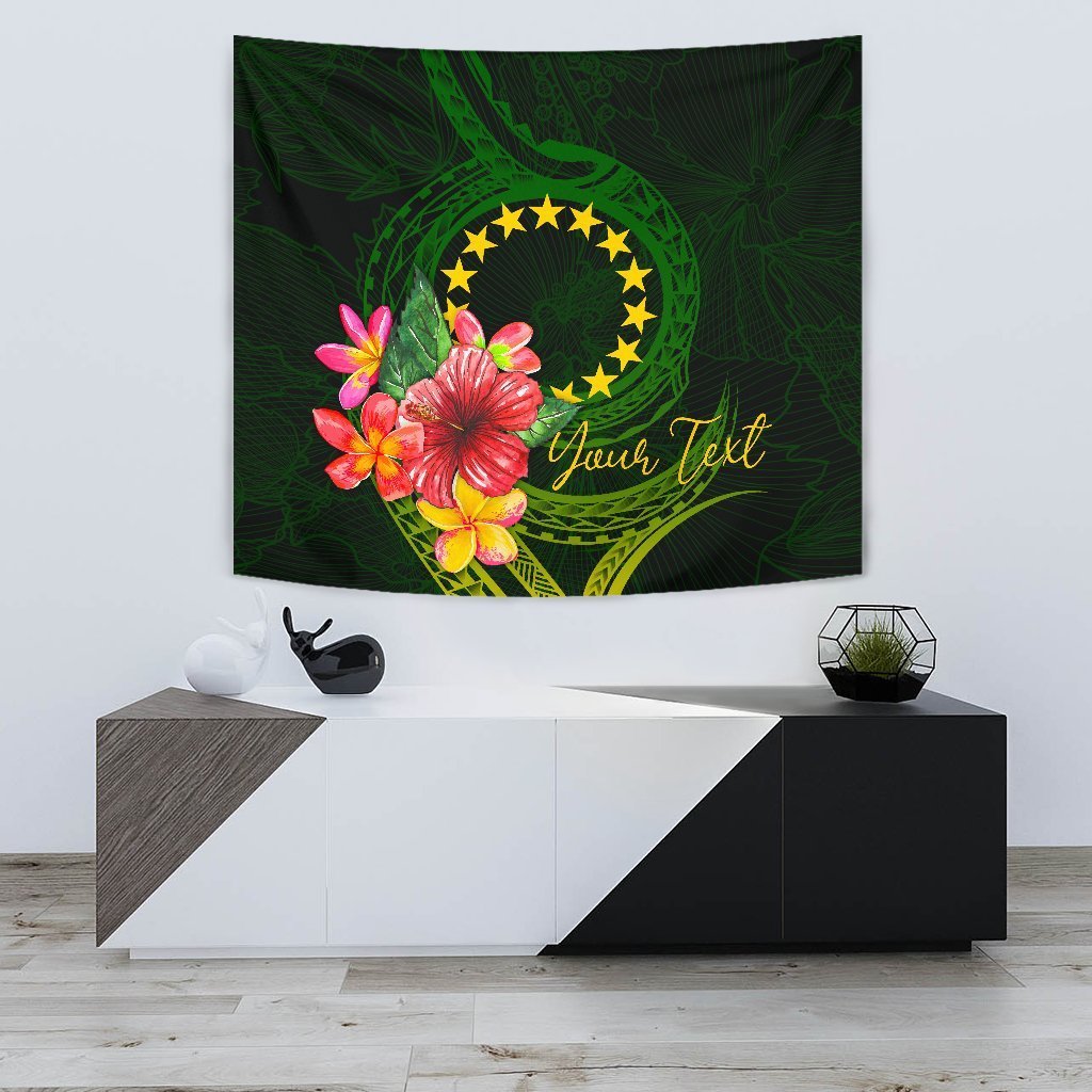 Cook Islands Polynesian Custom Personalised Tapestry - Floral With Seal Flag Color - Vibe Hoodie Shop