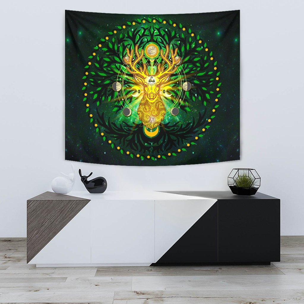 Celtic Pagan Deer Tapestry - Moon Phases Deer with Tree of Life - Vibe Hoodie Shop