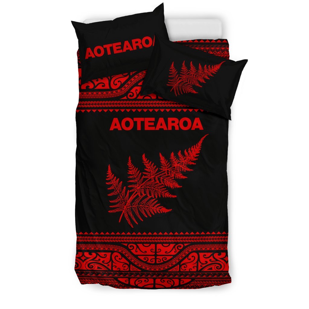 Aotearoa New Zealand Maori Bedding Set Silver Fern - Red - Vibe Hoodie Shop