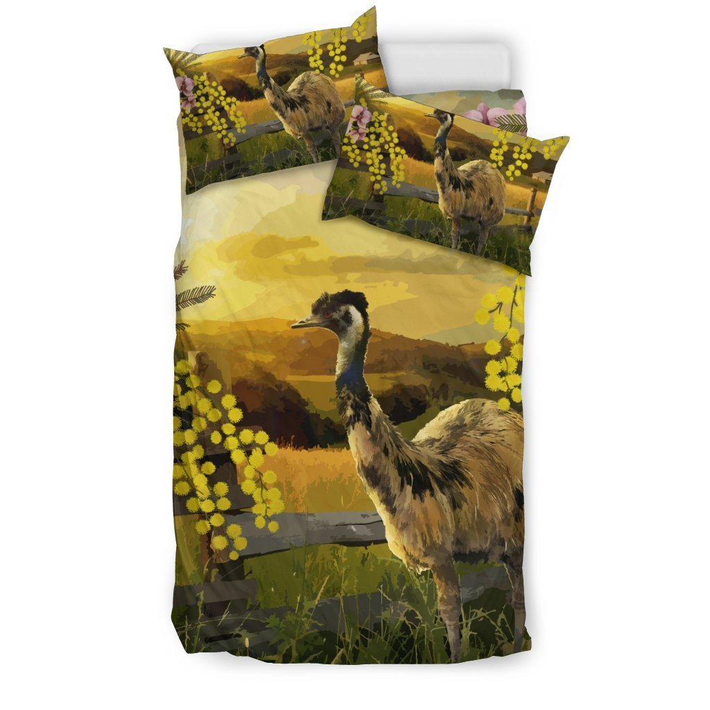 Australia Bedding Sets - Emus Bed Golden Wattle Flower Landscape Art Sets - Vibe Hoodie Shop