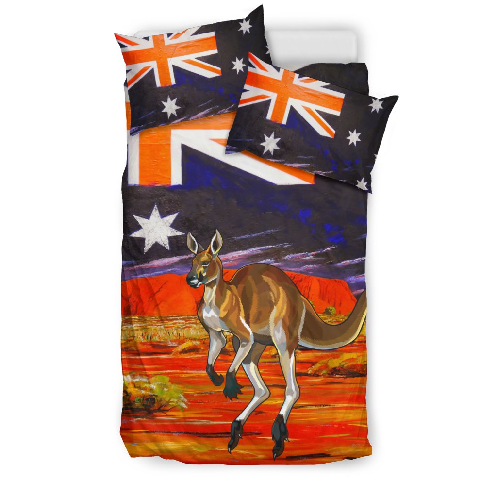 Aboriginal Bedding Sets, Kangaroo Aus Flag Uluru Landscape Art - Vibe Hoodie Shop