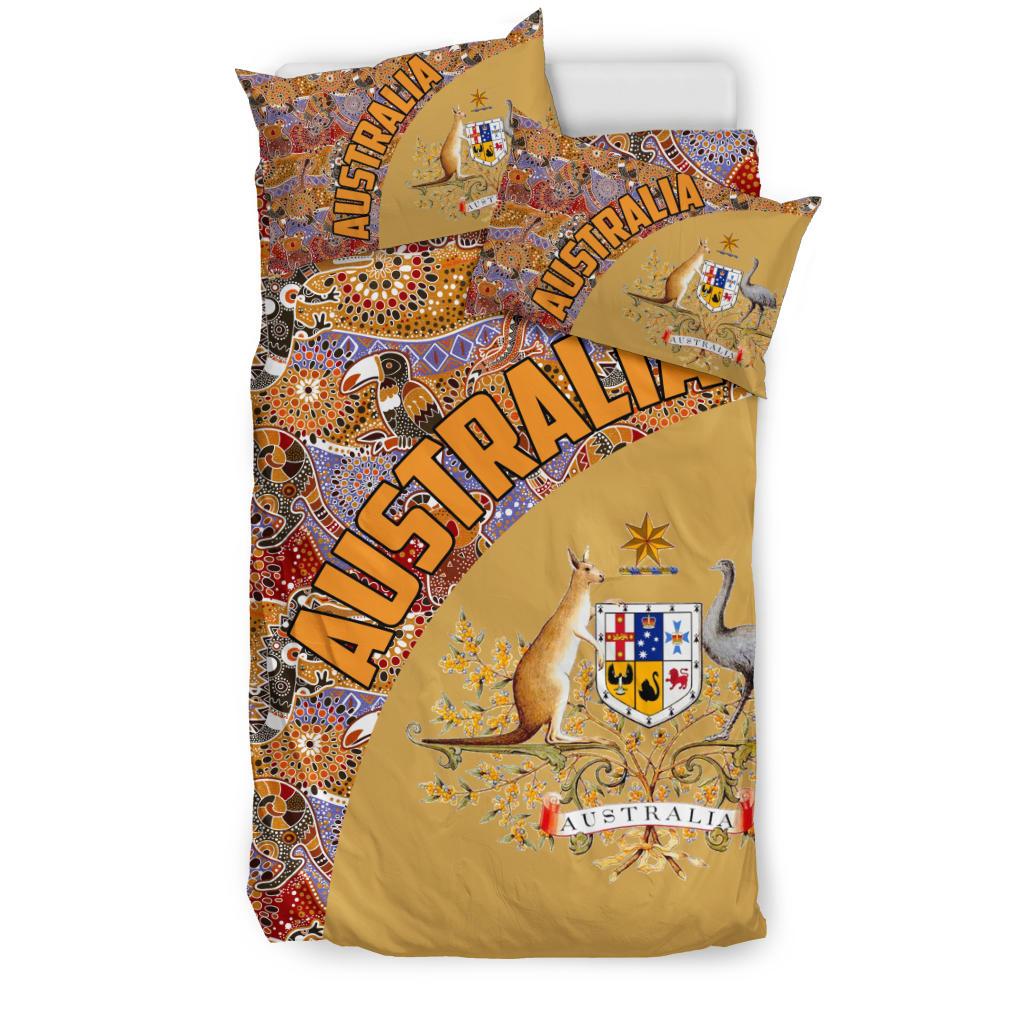 Aboriginal Bedding Sets, Australian Coat Of Arms Kangaroo Crocodile Kookaburra - Vibe Hoodie Shop