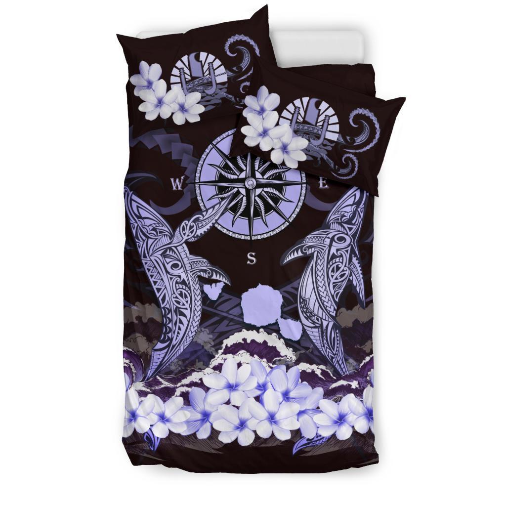 Tahiti Bedding Set - Shark Polynesia Compass Plumeria Purple - Vibe Hoodie Shop