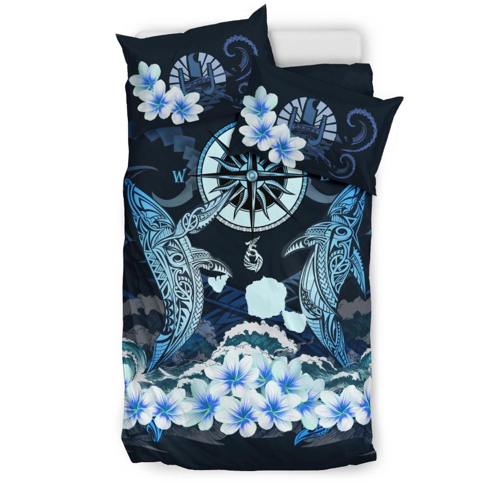 Tahiti Bedding Set - Shark Polynesia Compass Plumeria Blue - Vibe Hoodie Shop