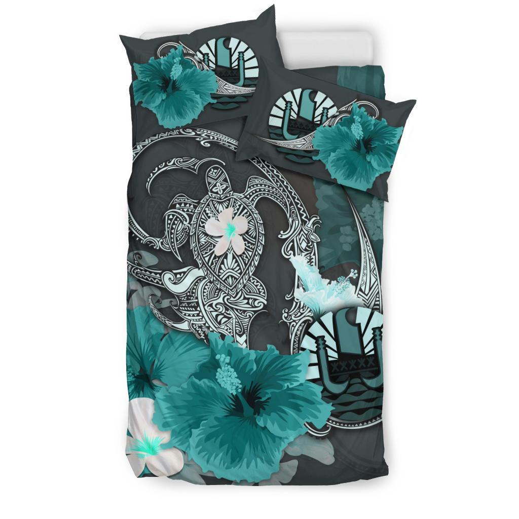 Tahiti Bedding Set - Hibiscus Turtle Tribal Turquoise - Vibe Hoodie Shop