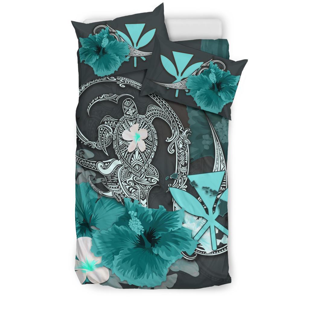 Kanaka Maoli (Hawaii) Bedding Set - Hibiscus Turtle Tribal Turquoise - Vibe Hoodie Shop