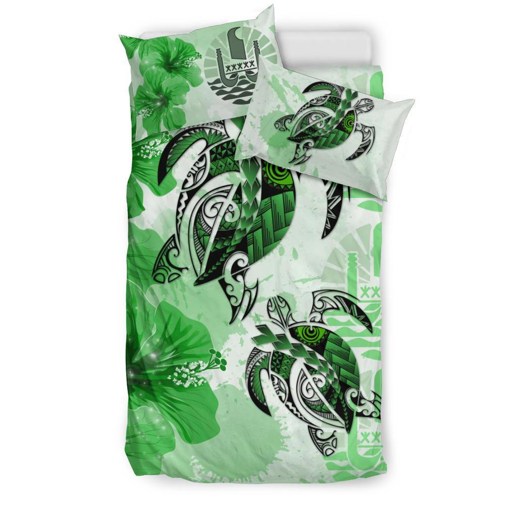 Tahiti Bedding Set - Polynesia Turtle Hibiscus Green - Vibe Hoodie Shop