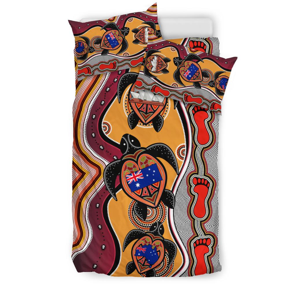 Aboriginal Bedding Set, Turtle Australia Flag Footprint Sydney Opera - Vibe Hoodie Shop