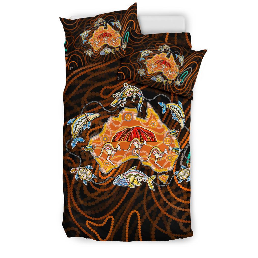 Aboriginal Bedding Set, Australia Map Kangaroo Crocodile Turtle Uluru - Vibe Hoodie Shop