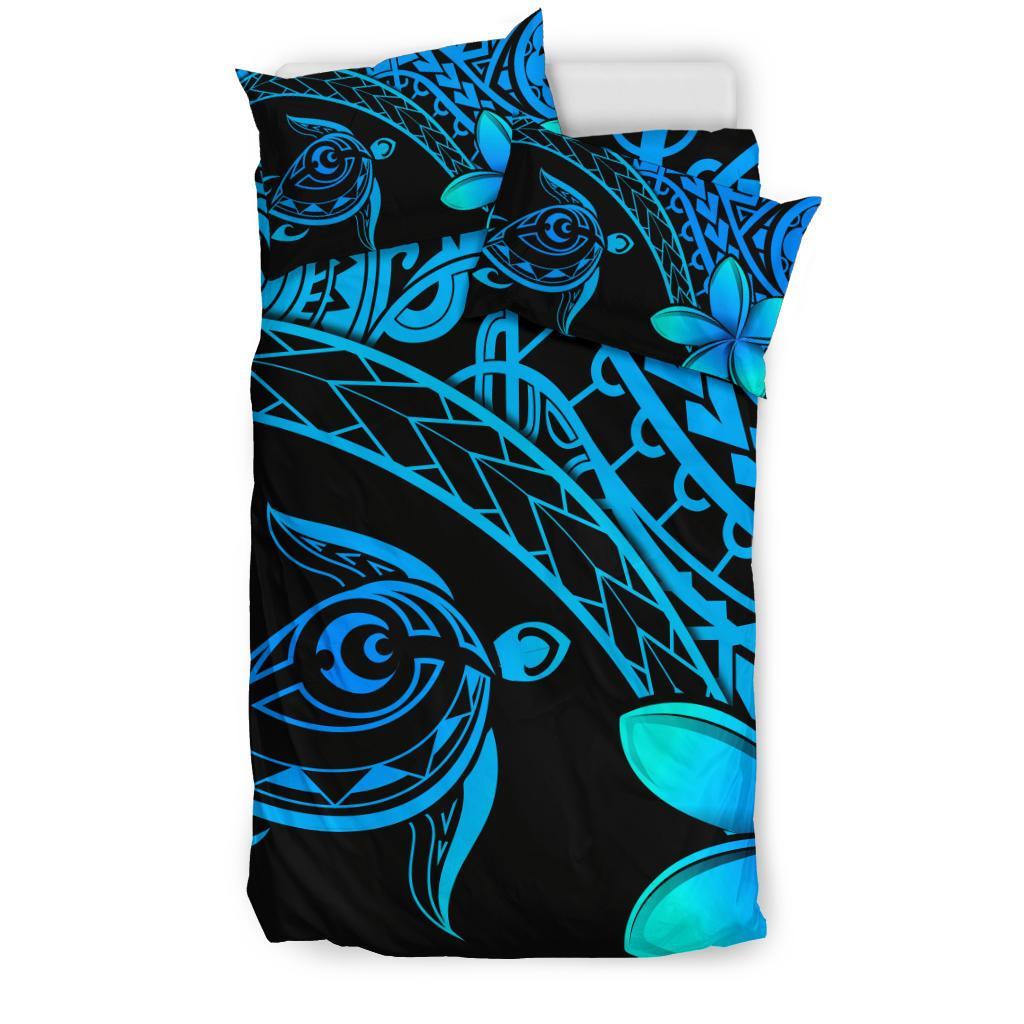 Tahiti Tribal Turtle Plumeria Bedding Set - Blue - Vibe Hoodie Shop