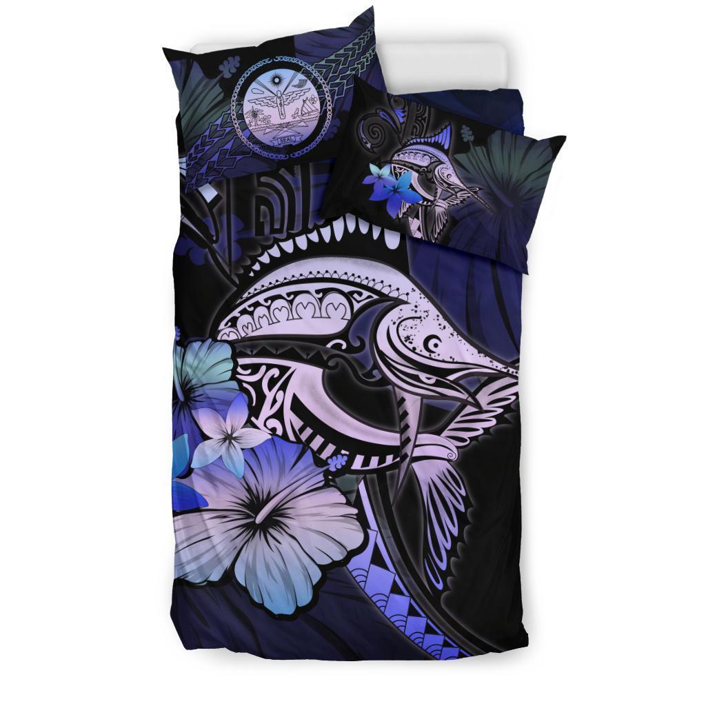 Marshall Islands Bedding Set - Purple Blue Marlin and Hibiscus - Vibe Hoodie Shop