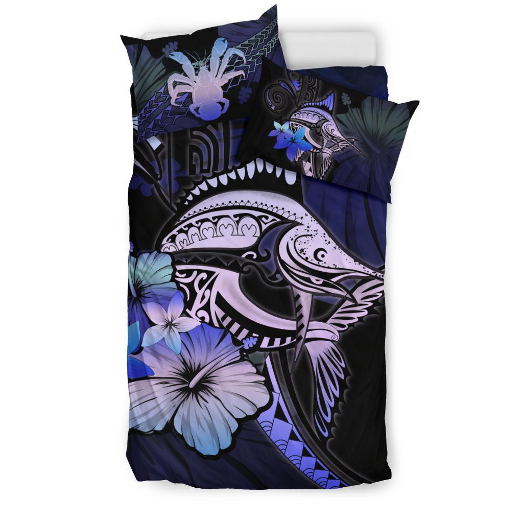 Niue Bedding Set - Purple Blue Marlin And Hibiscus - Vibe Hoodie Shop