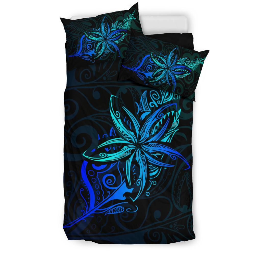 Light Silver Fern New Zealand Bedding Set, Frangipani Tattoo Duvet Covers - Blue - Vibe Hoodie Shop