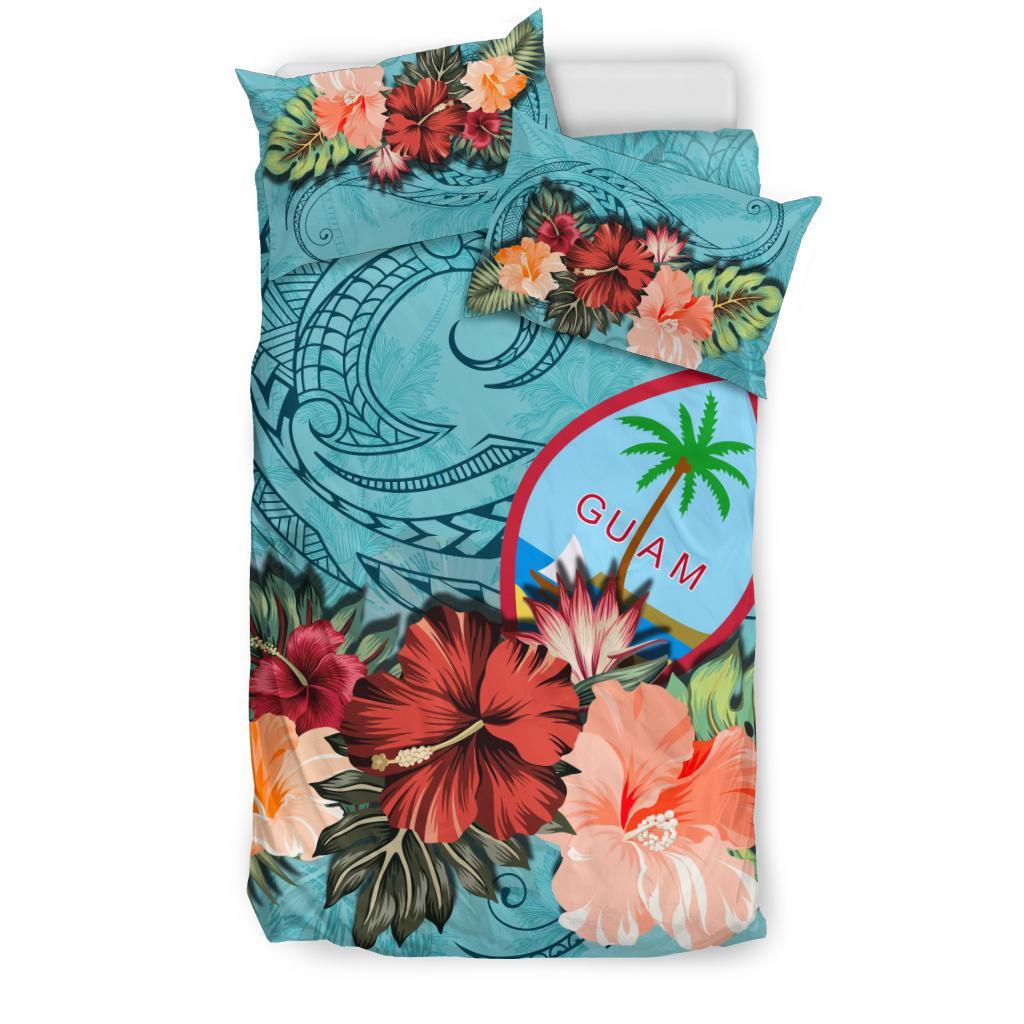 Guam Bedding Set Guam Hibiscus Polynesian Wave Coat Of Arms Duvet Cover Blue - Vibe Hoodie Shop