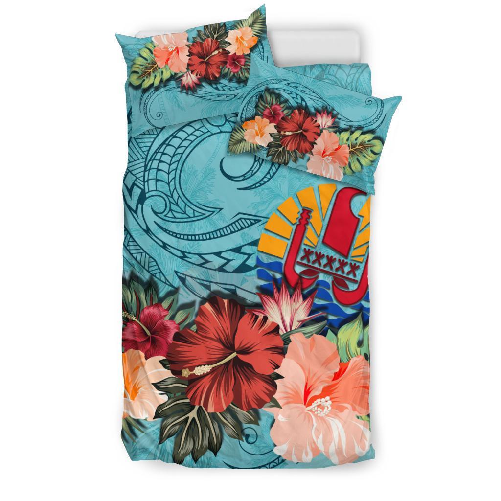 Tahiti Bedding Set Tahitian Hibiscus Polynesian Wave Coat Of Arms Duvet Cover Blue - Vibe Hoodie Shop