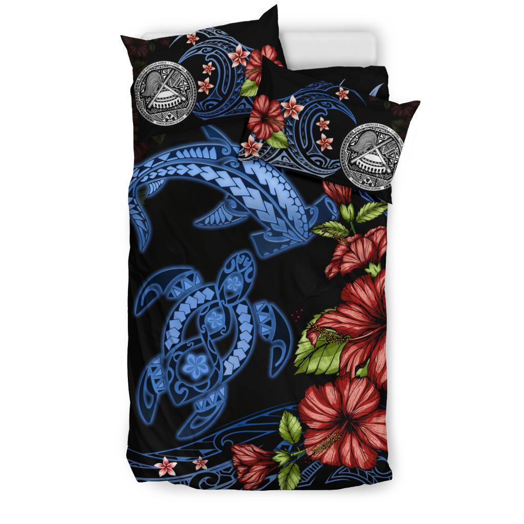 American Samoa Bedding Set Turtle And Shark Polynesian Hibiscus - Vibe Hoodie Shop