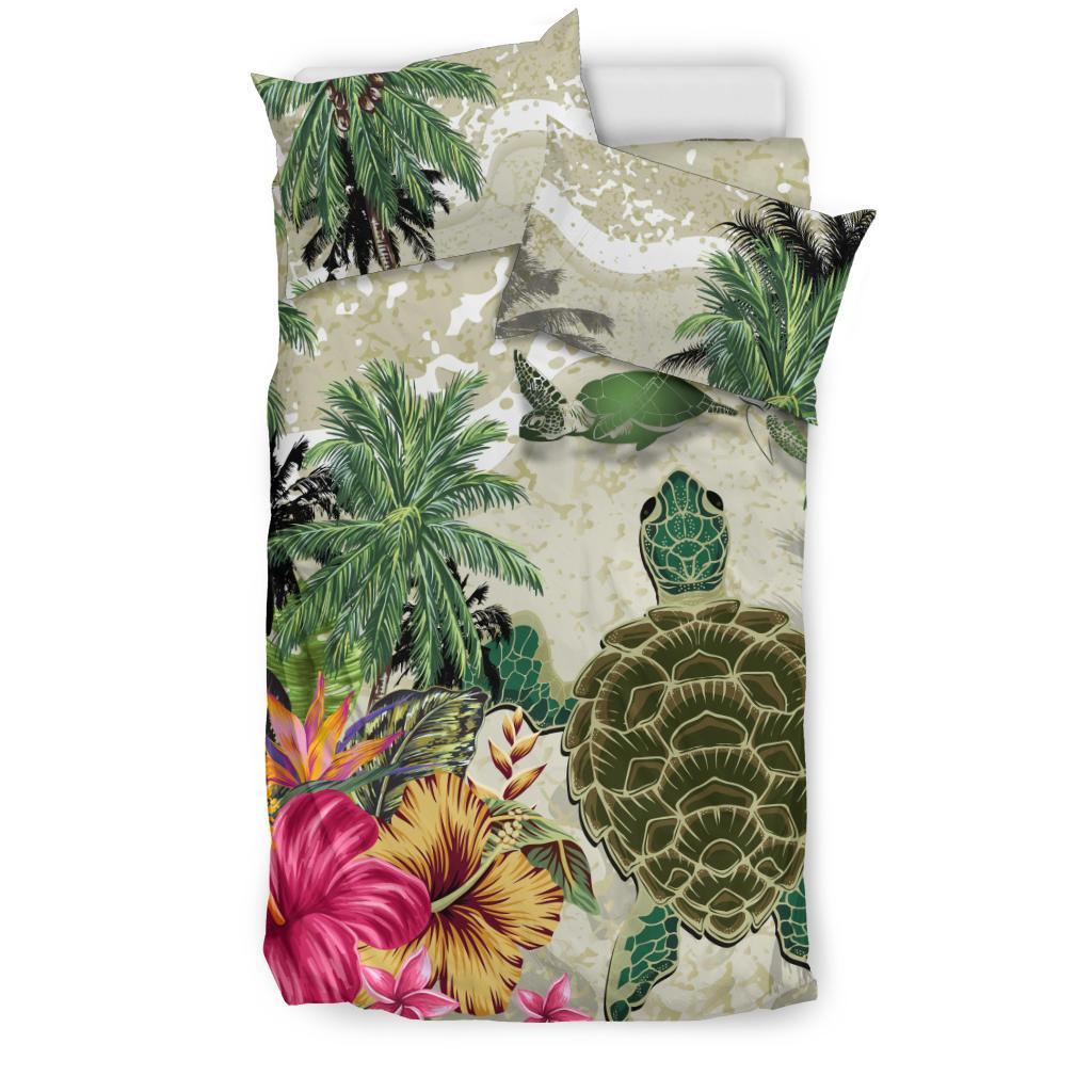 Turtle And Coconut Tree Bedding Set Hibiscus And Turtle On The Beach - Vibe Hoodie Shop