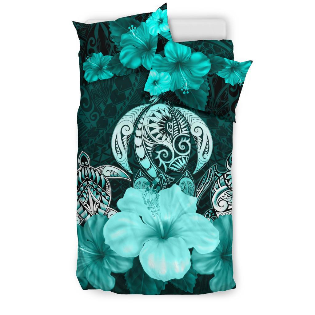 Three Turtle Polynesian Bedding Set Hibiscus Turquoise - Vibe Hoodie Shop