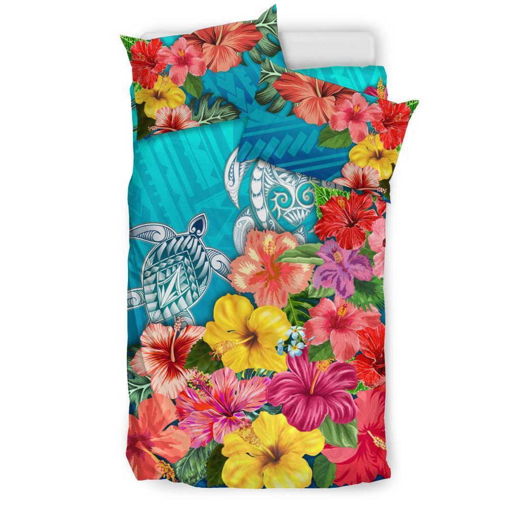 Three Turtle Polynesian Bedding Set Hibiscus Colorful - Vibe Hoodie Shop