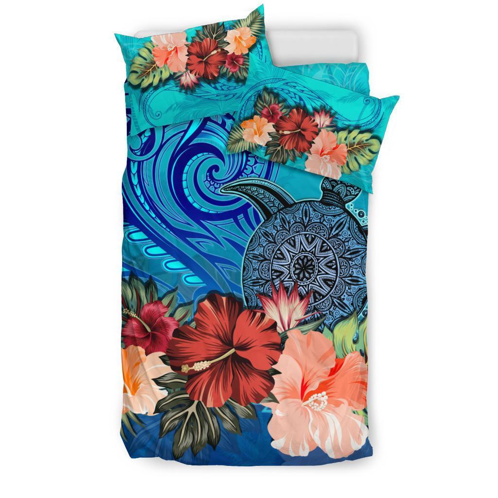 Turtle And Hibiscus Bedding Set Polynesian Blue - Vibe Hoodie Shop