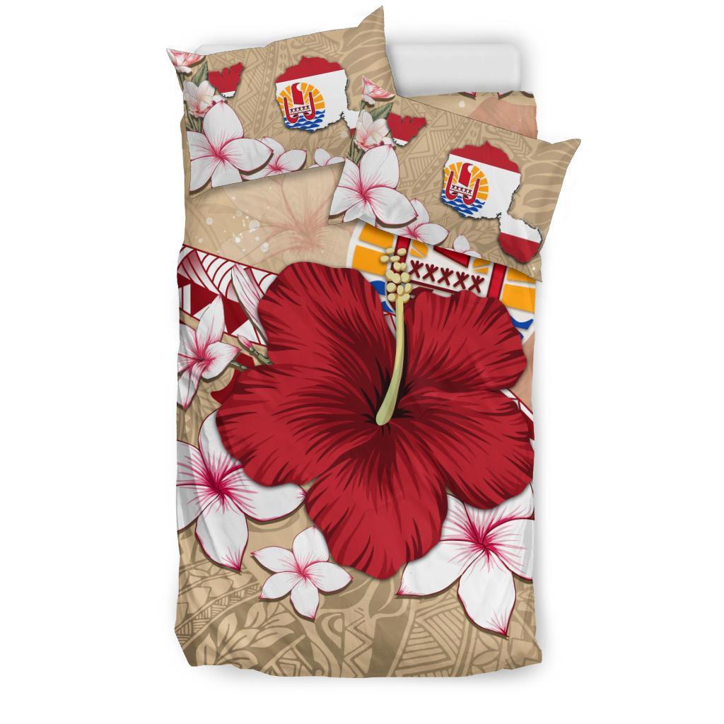 Tahiti Bedding Set - Beige Poly Hibiscus And Maps - Vibe Hoodie Shop