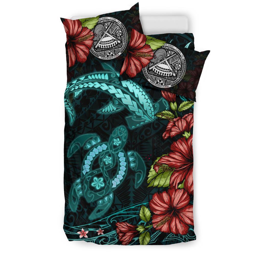 American Samoa Bedding Set Shark and Turtle Turquoise Hibiscus - Vibe Hoodie Shop