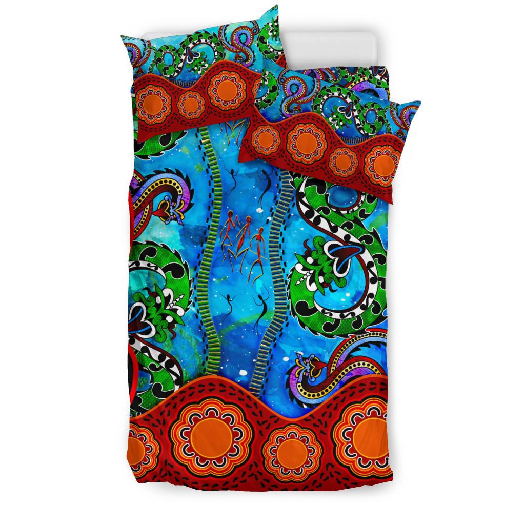 Aboriginal Bedding Set - Aussie Indigenous Patterns Blue - Vibe Hoodie Shop