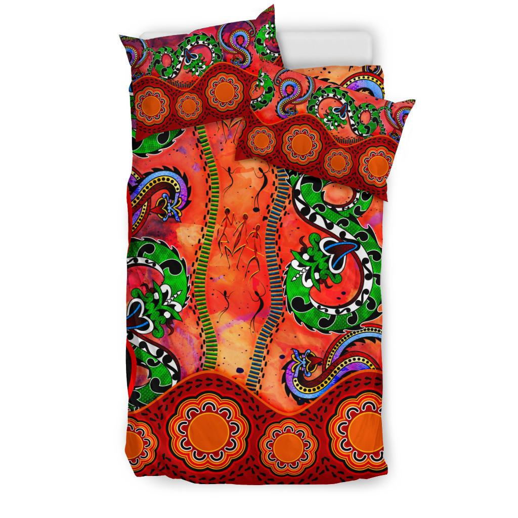 Aboriginal Bedding Set - Aussie Indigenous Patterns Orange - Vibe Hoodie Shop