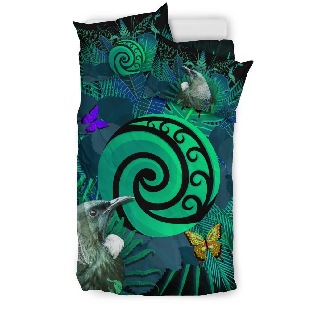 New Zealand Bedding Set Koru Fern Mix Tui Bird - Tropical Floral Turquoise - Vibe Hoodie Shop