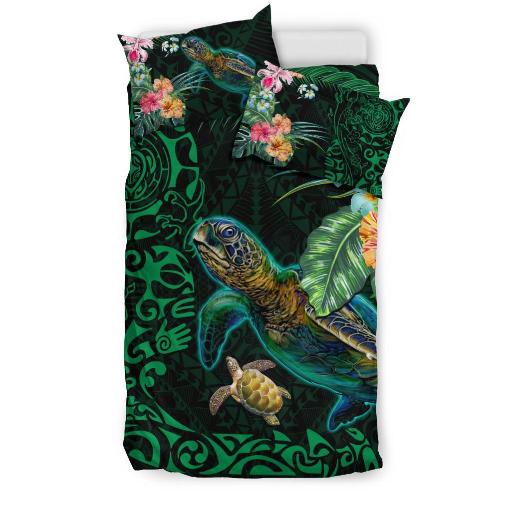 Tiki Polynesian Bedding Set Turtle Hibiscus - Green - Vibe Hoodie Shop